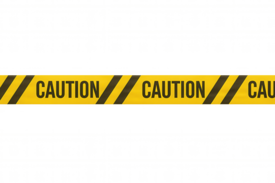 Yellow caution tape with black stripes signaling danger and restricting access on a transparent background