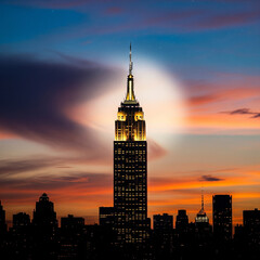 Obraz premium Illuminated City Landmark at Night with Dramatic Sky and Architectural Silhouette
