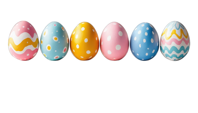Six Decorated Easter Eggs in a Row standard photos isolated on a transparent background