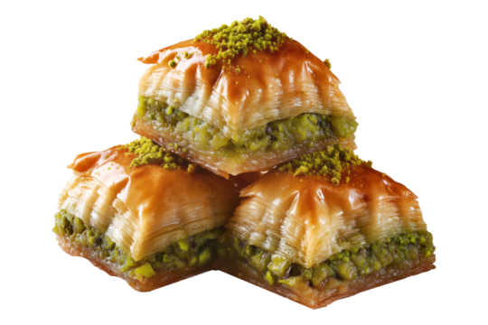 Traditional Turkish baklava filled with pistachios and syrup, cut square triangle isolated on white transparent background, symbolizing sweet cuisine