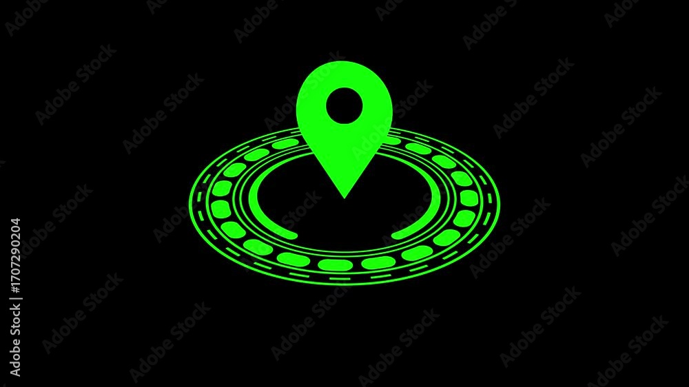 Poster animated neon green power button location pinpoint hud interface digital map gps navigation seamless