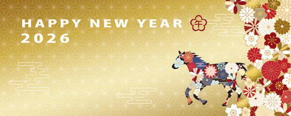 2026年午年　和風花柄の馬の新年のバナー素材