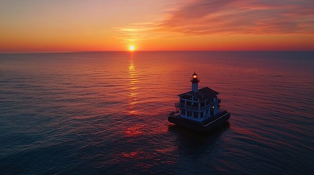 Aerial view of a lighthouse in the ocean at sunset with orange and pink sky reflecting on the water