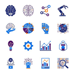 Artificial Intelligence Icons Set - Brains, Robotics, Data Analysis, and Neural Networks.