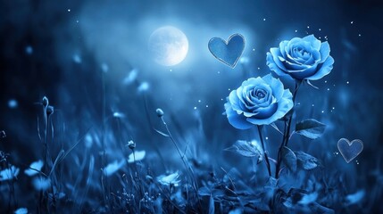 Romantic blue roses under moonlight