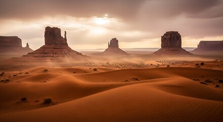 Naklejka premium Dramatic sandstone buttes and sand dunes in the desert landscape view