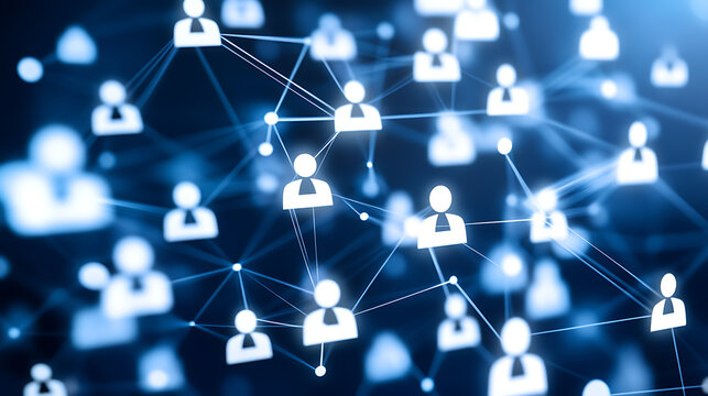 Digital network of interconnected user profiles on a blue background