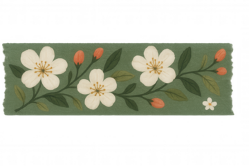 Floral washi tape displaying white blossoms, orange buds, green foliage, offering delicate nature-inspired accent for creative crafting and scrapbooking projects