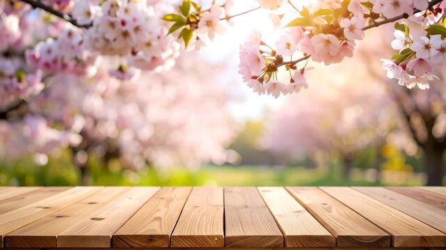 Spring Blossom Serenity: Wooden Tabletop in Bloom