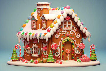 Gingerbread house decorated with icing sugar and cartoon candies
