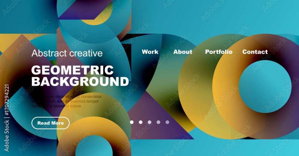 Poster abstract geometric shapes create vibrant background. website header includes navigation options, tex
