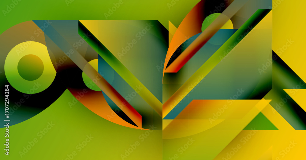 Poster abstract geometric composition. shapes overlap, creating dynamic visual effect. colors blendgreen, o