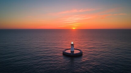 Aerial view of lighthouse in the ocean at sunset with orange and blue sky reflecting on water surface