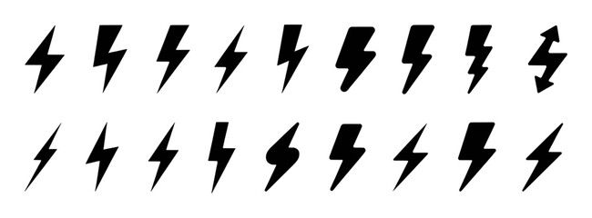 Collection of Black Lightning Bolt Icons on White Background