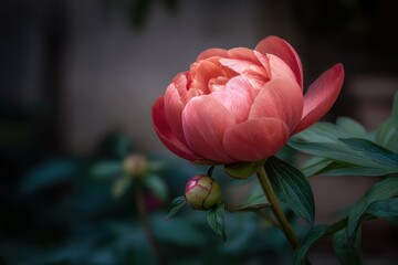 A vibrant, coral-toned peony blooms beautifully in a garden setting, bathed in soft light.