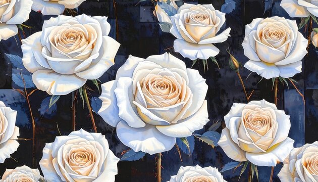 Cream roses bloom in profusion against a dark backdrop