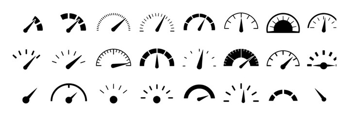 Collection of Black Speedometer and Gauge Icons on White Background