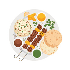 Vector Flat Illustration of a Delicious Meal Featuring Grilled Meat Kebabs, Fragrant Rice, Warm Flatbread, and Savory Sauces, Served on a Plate