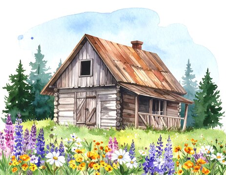 Watercolor cabin in a meadow