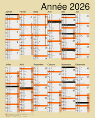 Calendrier 2026, calques, vacances scolaires, Saints, 12 mois