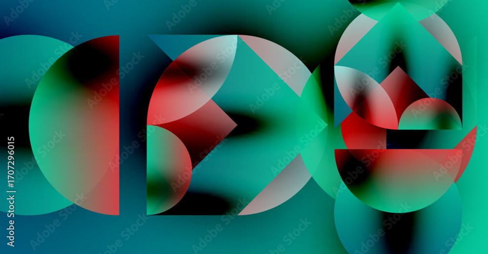 Poster abstract composition. overlapping shapes create dynamic visual effect. teal, red, silver hues domina