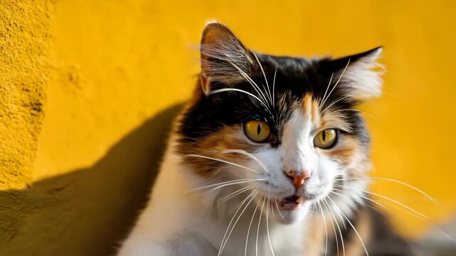 Shocked calico cat reaching forward with open mouth in front of vivid yellow wall, soft shadows and crisp edges
