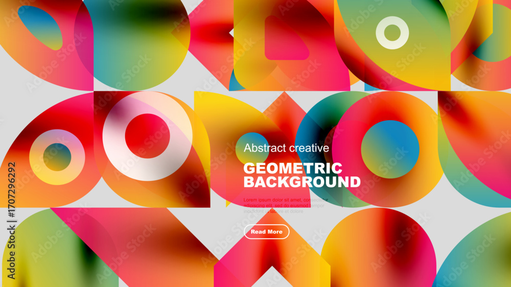 Poster vibrant overlapping circles, squares create dynamic abstract composition. bright colors dominate des