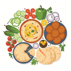 Vector flat lay illustration of a traditional Middle Eastern food platter with hummus, falafel, pita bread, and fresh vegetables