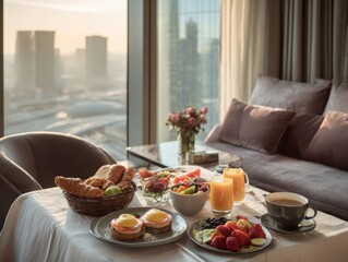 Luxury hotel breakfast with city view