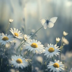 Close-up of pretty daisies and a butterfly in a cool, misty spring morning. A beautiful and light summer scene.
