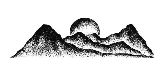 Grain stippled texture mountain range. Spray Painted mountain landscape. isolated on white background. use for print art, poster, cover, banner