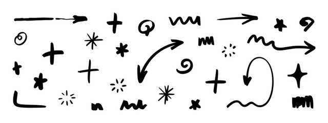 Hand-Drawn Black and White Doodle Icons: Arrows, Stars, and Plus Signs