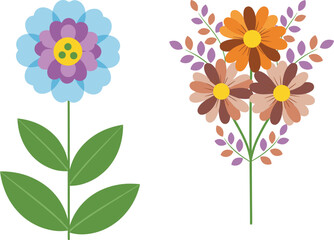 Stylized flower bouquet and single bloom illustration with colorful petals, leaves, nature elements for vector design, decorative botanical art