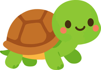 Cute green baby turtle with a brown shell, a smiling cartoon reptile character illustration isolated on a white background