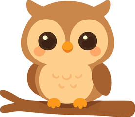 Charming kawaii style owl character with big adorable eyes sitting on a tree branch, isolated vector graphic for kids