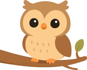 Obraz premium Adorable cartoon owl with big eyes perched on a simple tree branch. Cute brown bird character illustration isolated on a white background