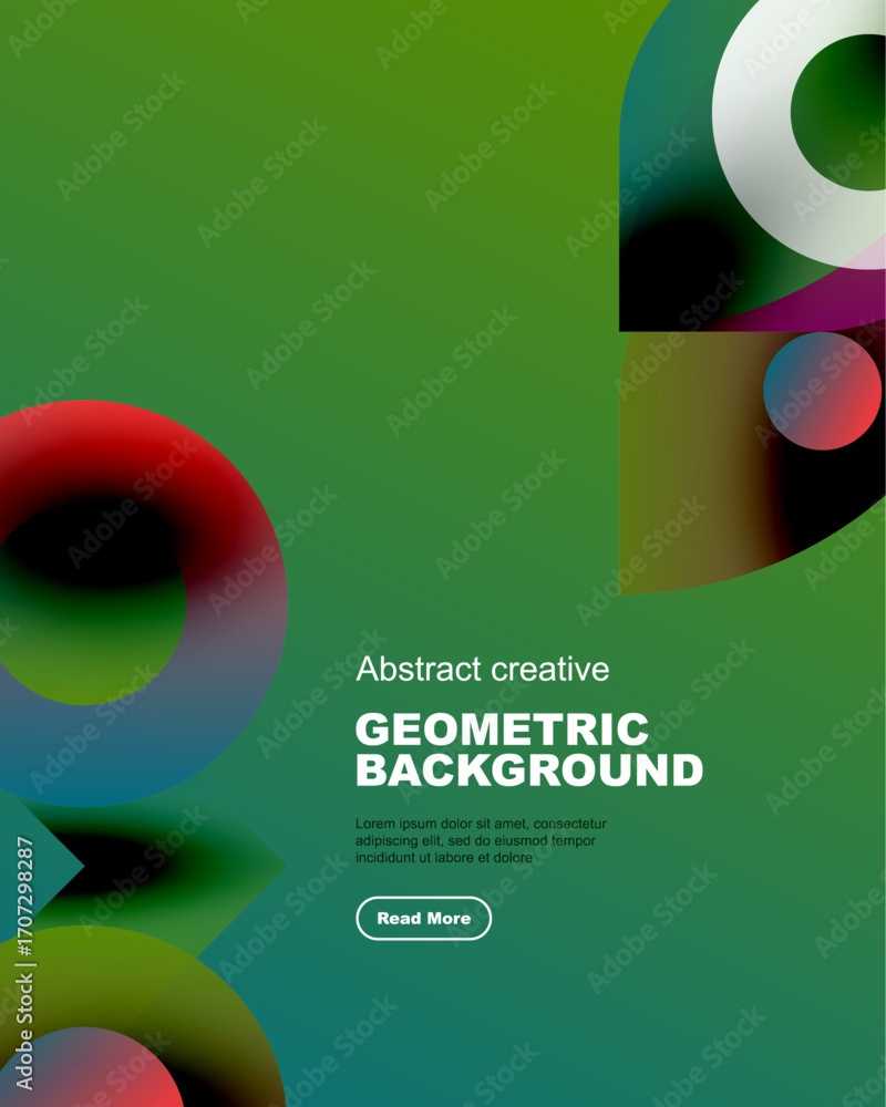 Aufkleber abstract design features vibrant shapes, gradients. green dominates background with text overlay, bu