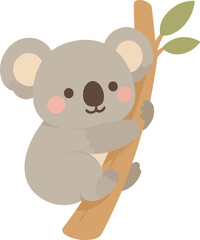 Adorable kawaii koala illustration climbing a eucalyptus tree. Sweet and charming marsupial character for nursery decor and children's projects