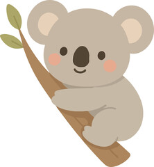 Adorable cartoon koala character clinging to a tree branch. Cute Australian animal illustration isolated for children's design