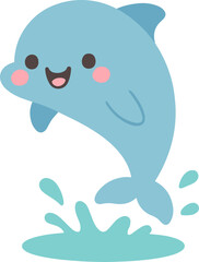 A cute and cheerful baby dolphin jumping playfully out of the water, an adorable marine animal character illustration with a happy smile