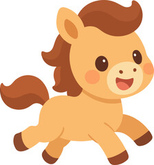 A joyful and cute baby horse running with a happy expression. Adorable cartoon pony character isolated on a white background for nursery design