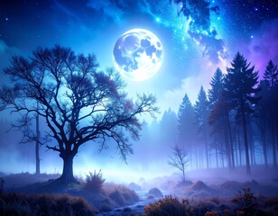 Spooky Misty Forest Background with Full Moon Glow