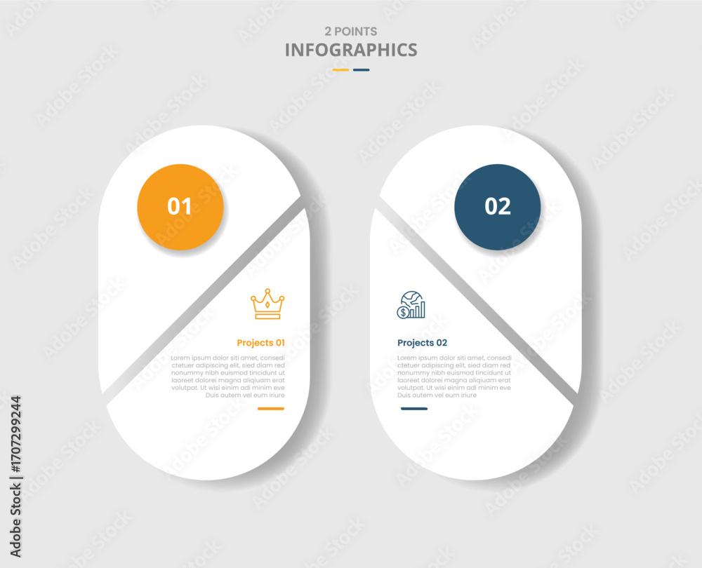 Poster 2 points comparison versus for infographic with vertical round rectangle with circle and big half sl