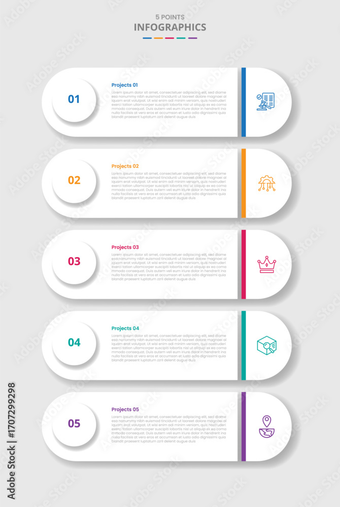 Poster 5 points template infographic with round rectangle with stacked list vertical and circle badge on ed