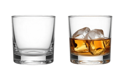 Two rocks glasses one empty one with whiskey and ice isolated on a transparent background