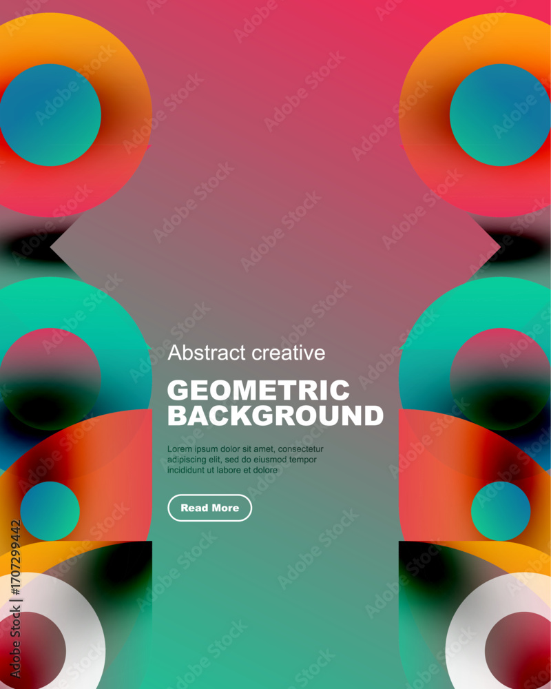 Poster vibrant geometric shapes overlap, creating colorful abstract background. text promotes further explo