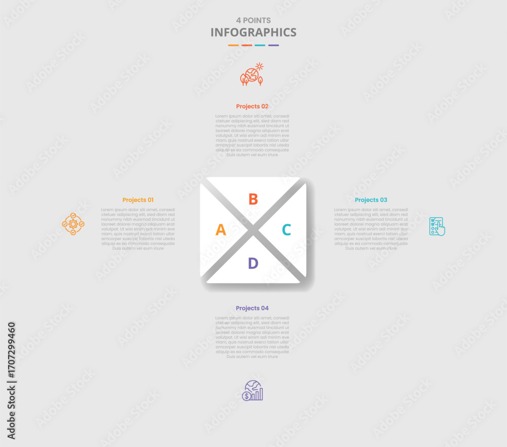 Poster 4 points template infographic with big square box cut two slice create triangle structure with drop 