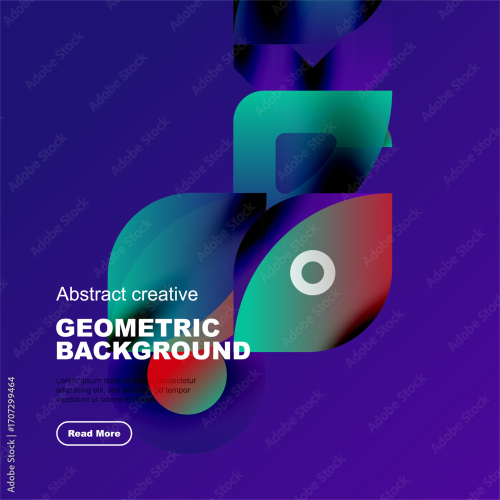 Poster vibrant purple backdrop features abstract geometric shapes, overlapping layers. text promotes creati
