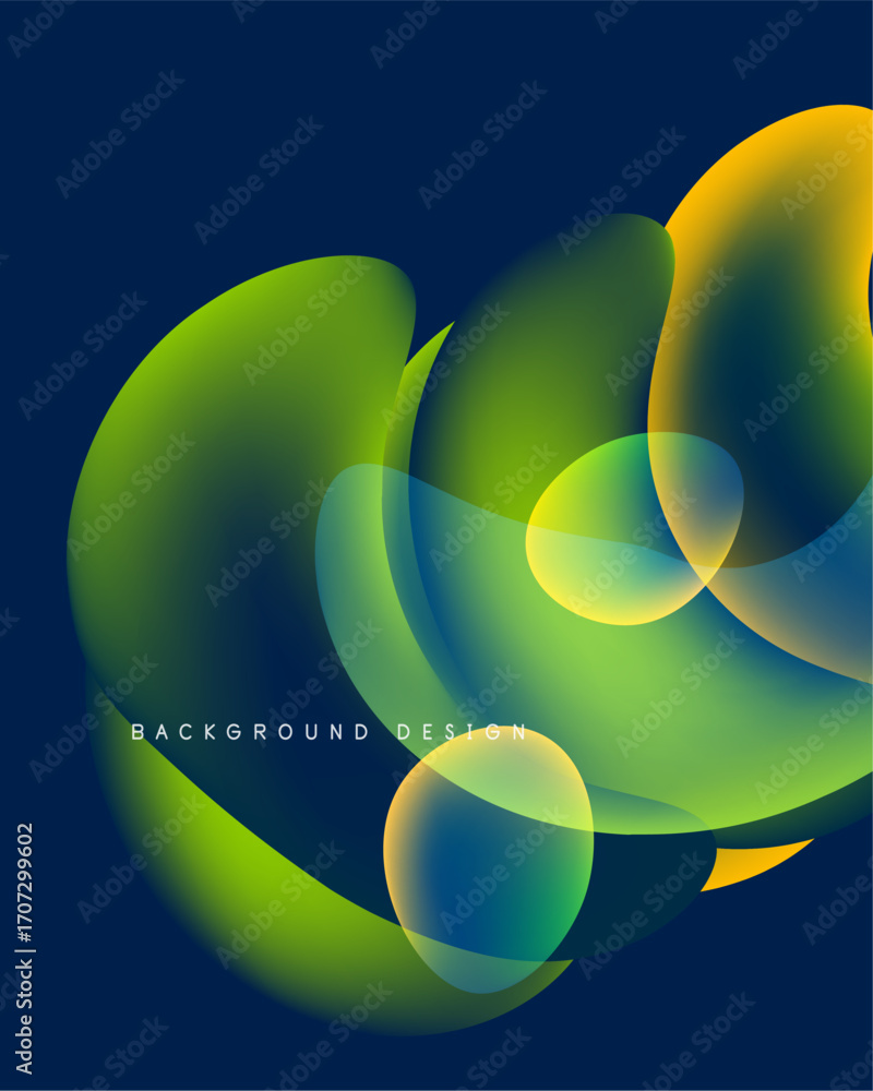 Poster abstract fluid shapes overlap, creating vibrant gradients. blue background enhances green, yellow hu