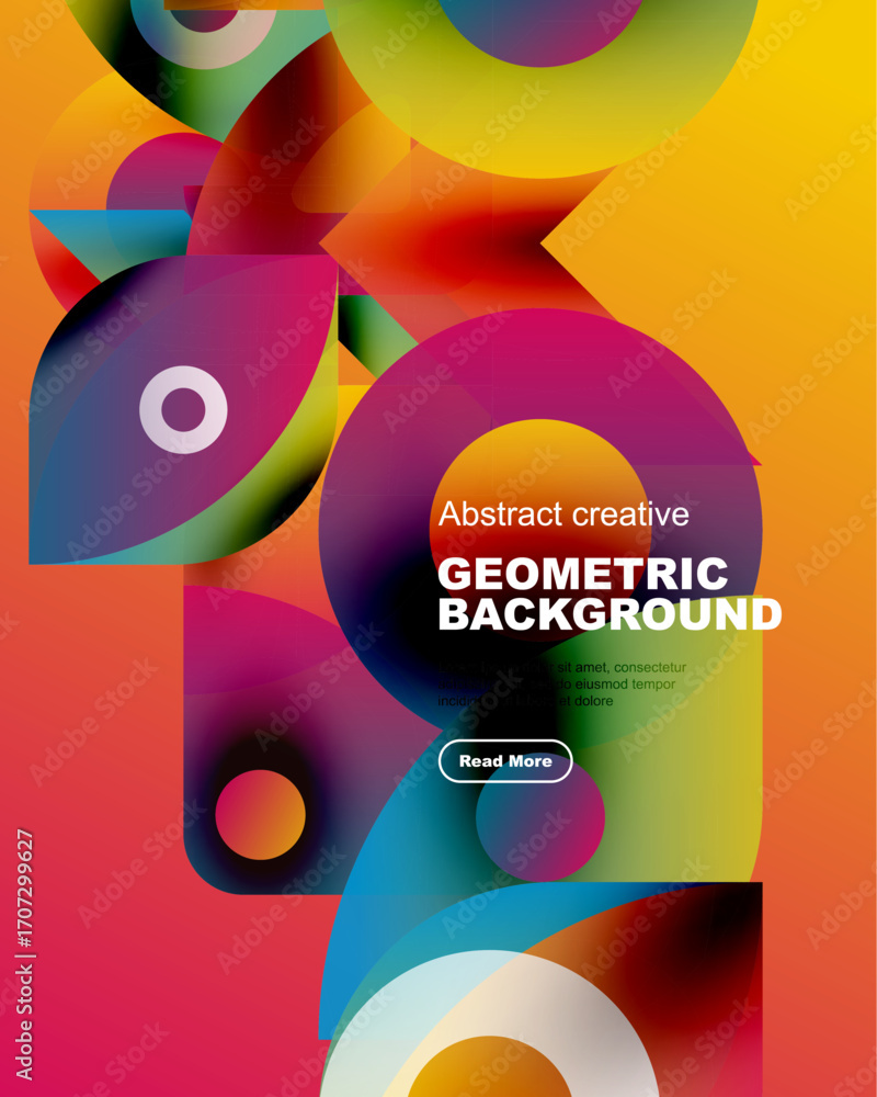 Poster vibrant abstract shapes overlap, creating colorful gradients. text promotes geometric background des
